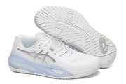 ASICS White and Silver Court Sneakers with Pale Blue Midsole