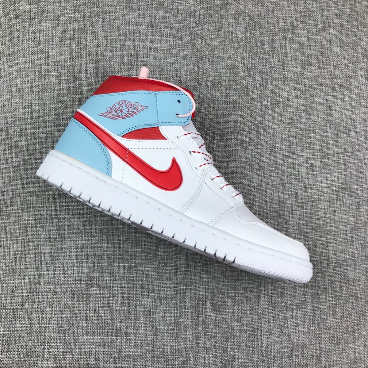 Air Jordan 1 Mid Ice Blue White and Red Sneakers 555112-104