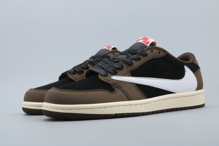 Jordan 1 Low Black and Brown Sneakers with White Swoosh