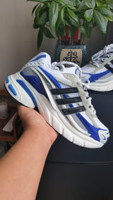 White and Blue Mesh Sneakers with Black Side Stripes
