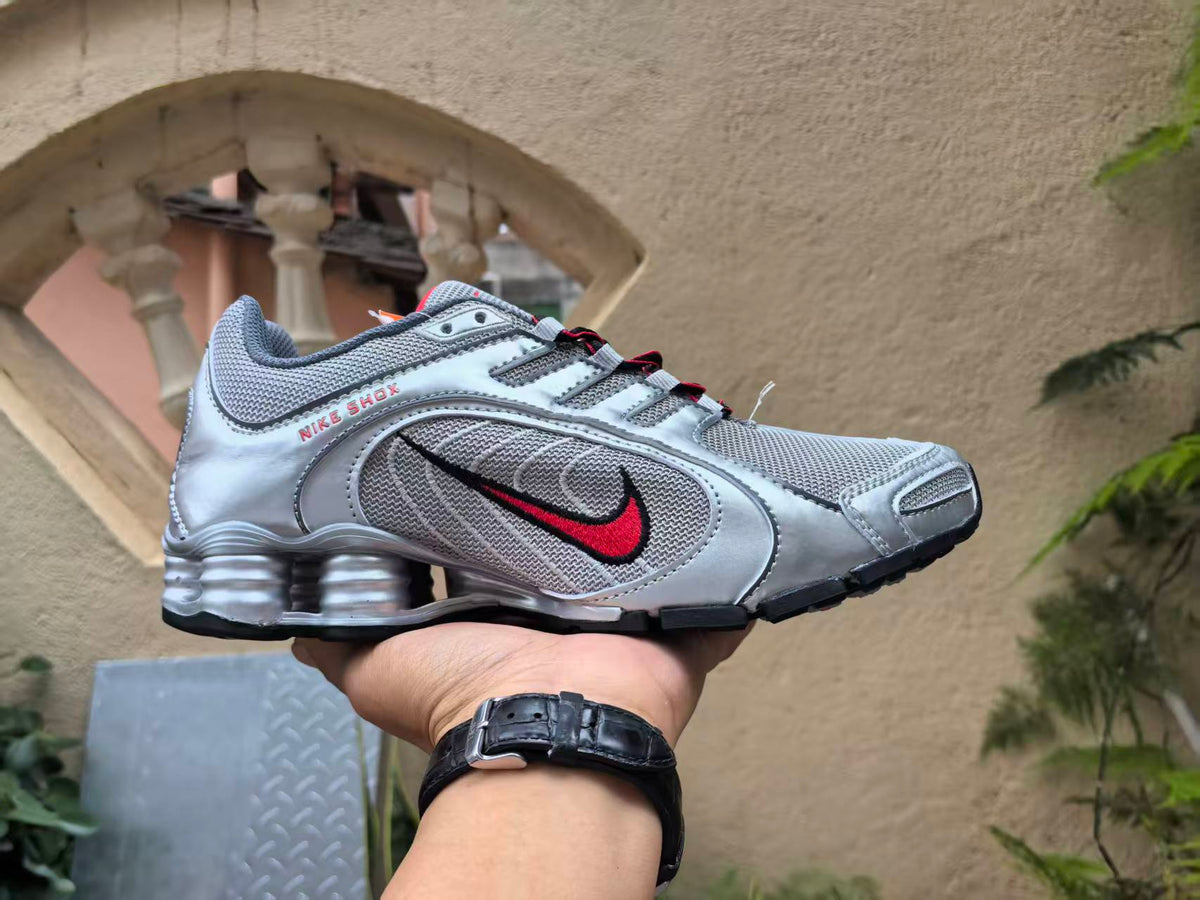 Nike Shox Sneakers in Silver Grey and Red