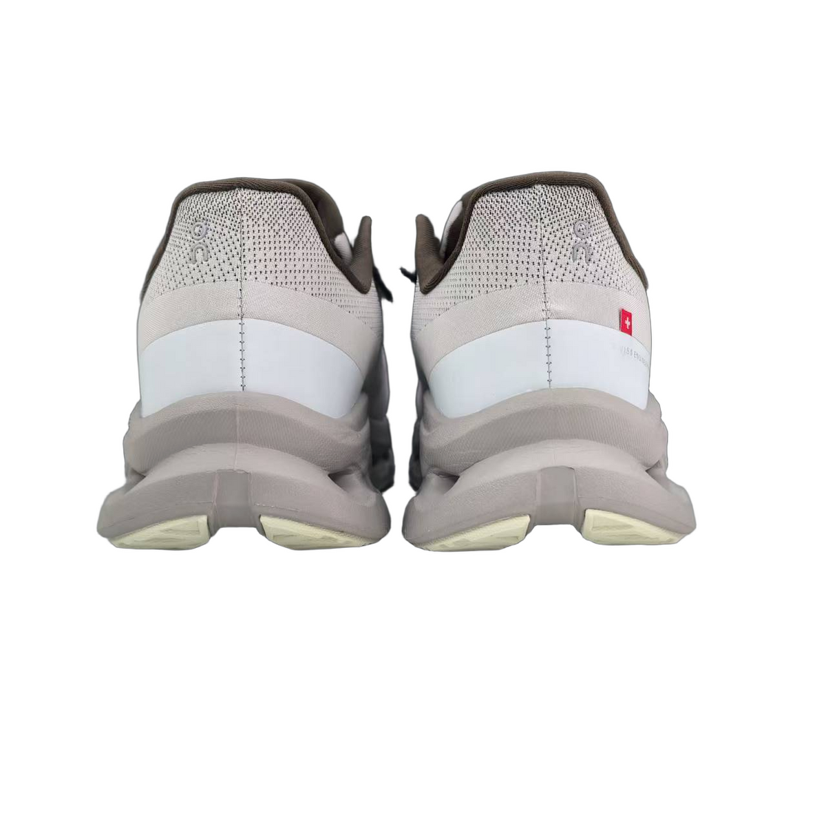 On Cloudmonster Running Shoes in Light Gray and Taupe