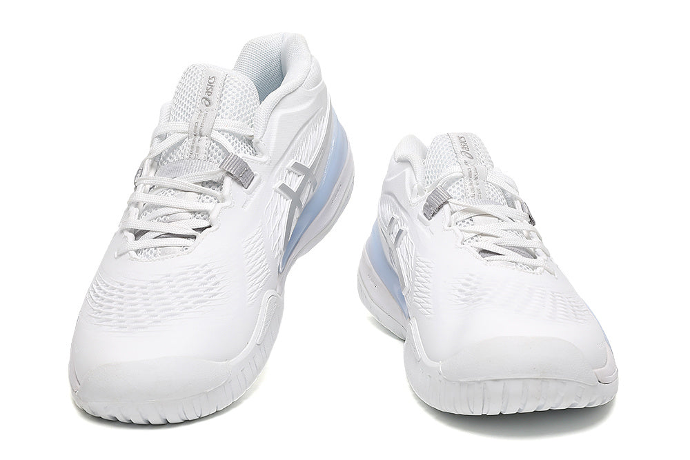 ASICS White and Silver Court Sneakers with Pale Blue Midsole
