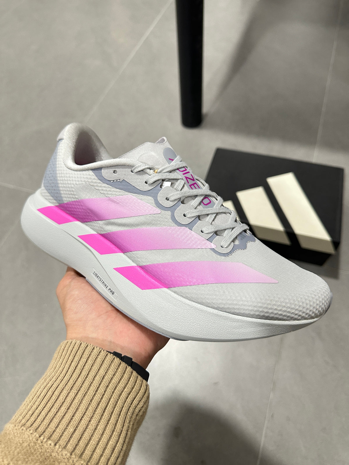 adidas Adizero Lightstrike Pro Running Shoes, Gray and Pink