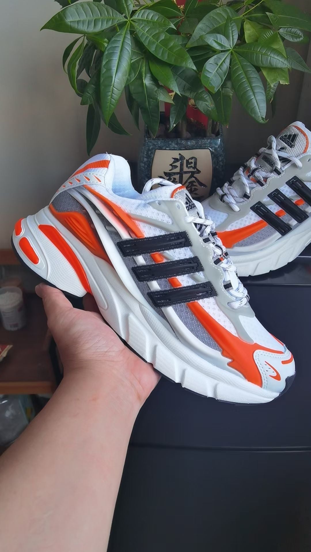 Adidas White and Orange Chunky Running-Style Sneakers