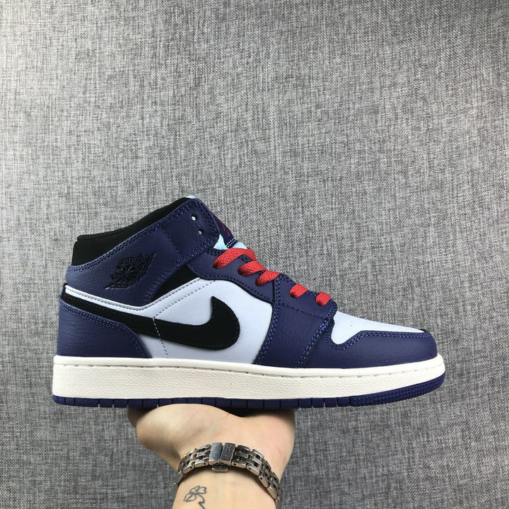 Air Jordan 1 Mid White, Black and Purple Sneakers