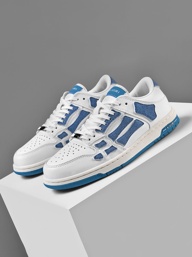 AMIRI Bone-Look Low-Top Sneakers in White and Denim Blue