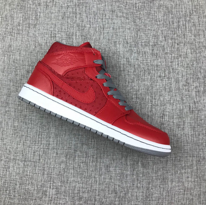 Jordan 1 Mid High-Top Sneakers in Red and Grey