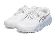 ASICS White and Silver Court Sneakers with Pale Blue Midsole