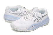 ASICS White and Silver Court Sneakers with Pale Blue Midsole