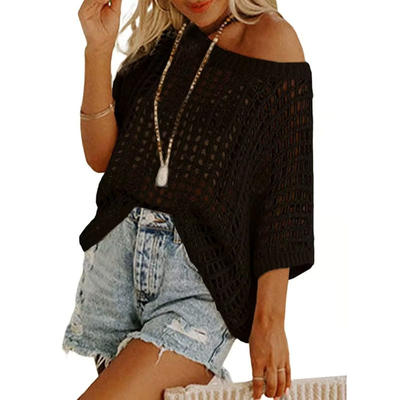 Short Sleeve Crochet Sweater Lightweight Summer Tops Loose Hollow Out Crewneck Pullover